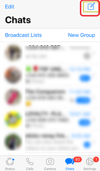 WhatsApp Chats tab on iPhone with the new chat icon highlighted