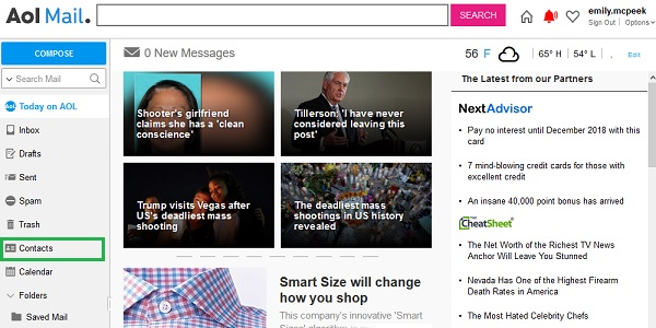 AOL Mail home page with Contacts highlighted in the left-hand menu