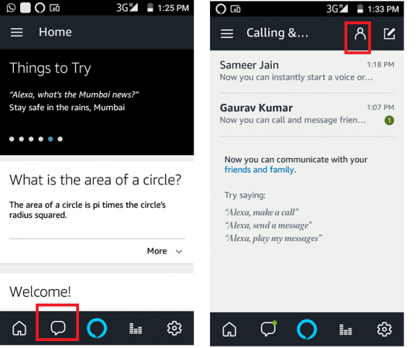 Alexa app with the Conversations tab highlighted, then the Contacts icon highlighted