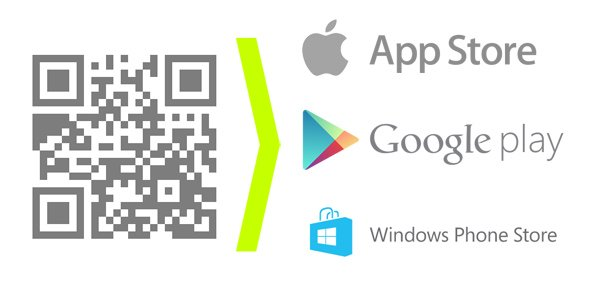 QR code pointing to App Store, Google Play and Windows Phone Store download links