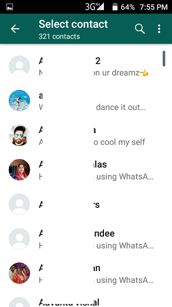 WhatsApp Select contact screen on Android listing the contacts