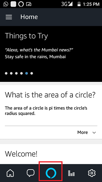 Alexa app home screen with the Alexa button highlighted in the middle of the bottom bar