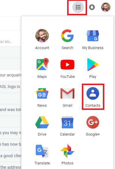 Google apps menu opened from the grid icon, with Contacts highlighted