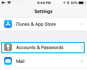 iPhone Settings with Accounts & Passwords highlighted