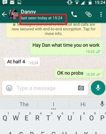 WhatsApp chat on Android with the contact's last seen status highlighted