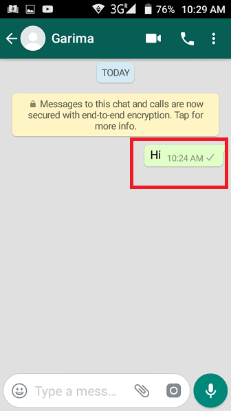 WhatsApp chat with a sent message showing a single grey tick, as when the recipient has blocked you