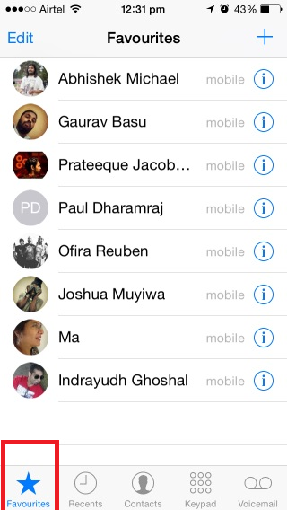 iPhone Favourites list with the Favourites tab highlighted