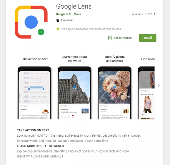 Google Lens app page in Google Play with the Install button