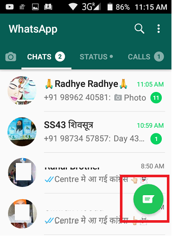 WhatsApp chats screen on Android with the New Chat button highlighted