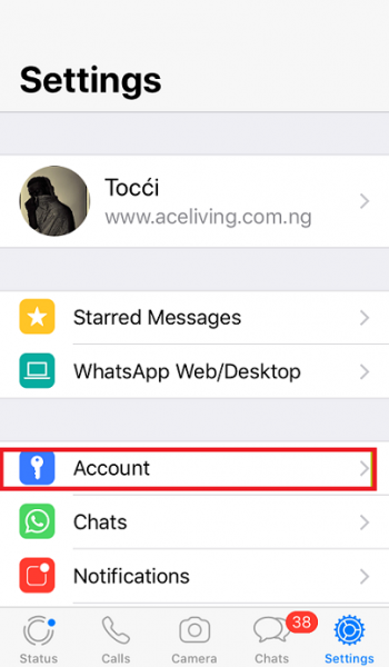 WhatsApp Settings on iPhone with Account highlighted