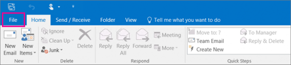 Outlook ribbon with the File tab highlighted