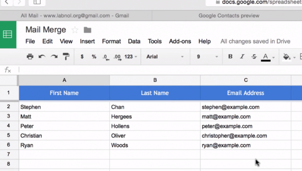Google Sheets mail merge spreadsheet with First Name, Last Name and Email Address columns