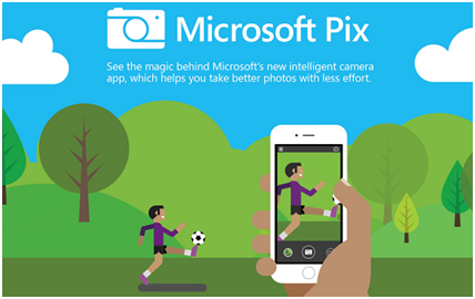 Microsoft Pix camera app banner, showing a phone taking a photo