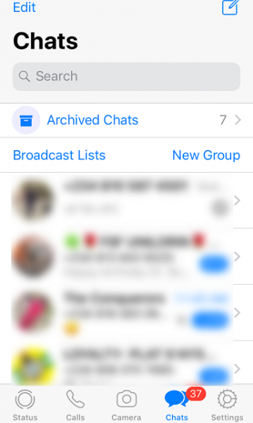WhatsApp Chats screen on iPhone with Archived Chats at the top