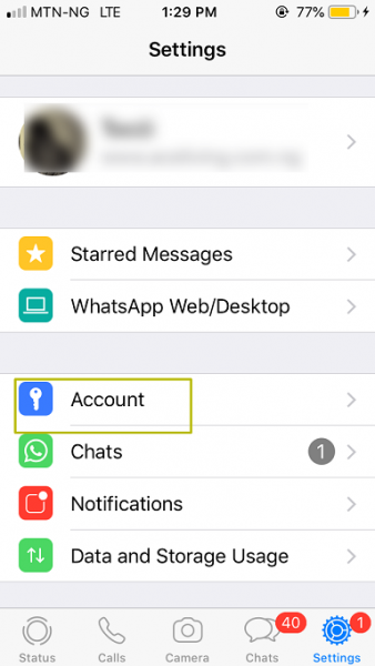 WhatsApp Settings on iPhone with Account highlighted