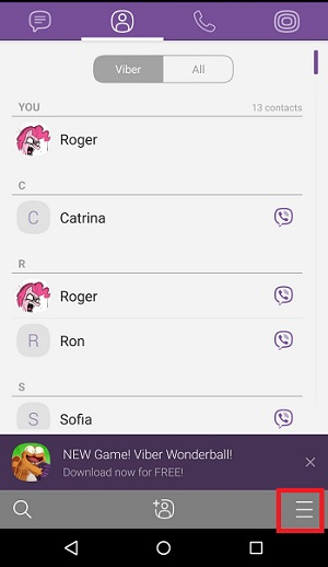 Viber contacts screen on Android with the More menu highlighted
