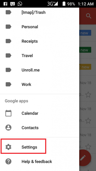 Gmail app menu on Android with Settings highlighted