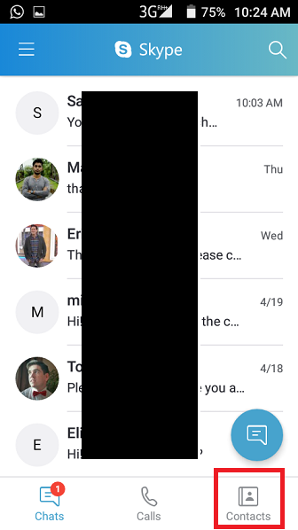 Skype chats on Android with the Contacts tab highlighted