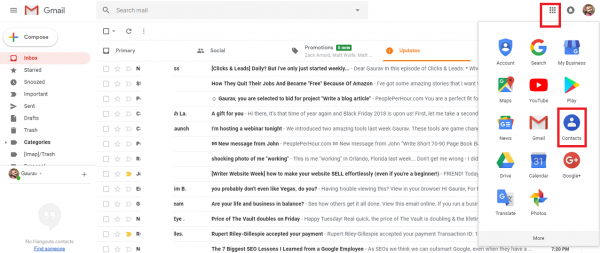 Gmail with the Google apps grid open and Contacts highlighted