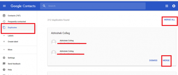 Google Contacts Duplicates page with Merge and Merge all highlighted