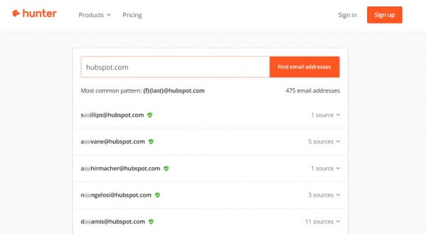 Hunter search for a company domain listing its email addresses and most common email pattern