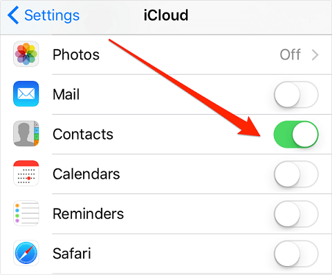 iPhone iCloud settings with an arrow pointing to the Contacts switch turned on