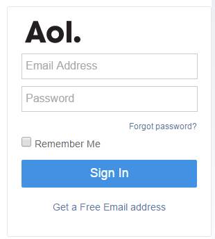 AOL sign-in form with email address and password fields