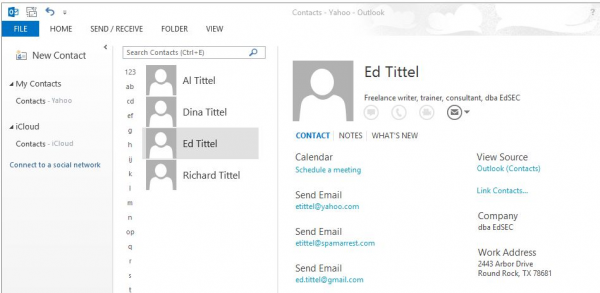 Outlook Contacts with a contact selected, showing their details
