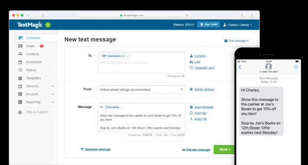 TextMagic web app composing a text message, with the message as it arrives on a phone