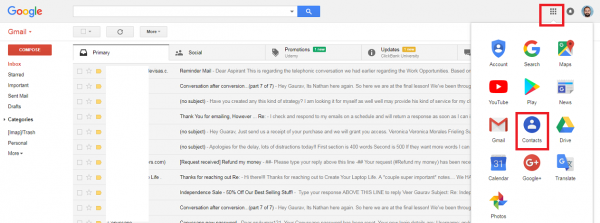 Gmail with the Google apps menu open and Contacts highlighted