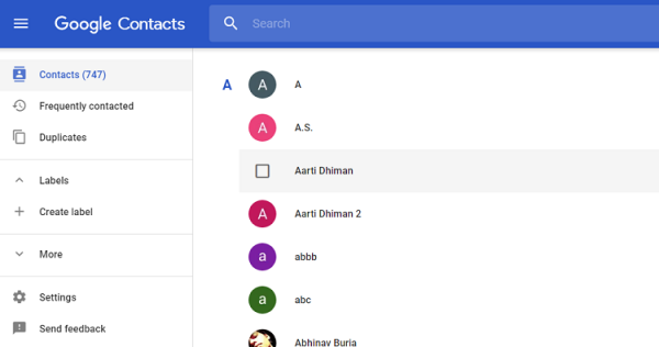 Google Contacts web app showing the contact list