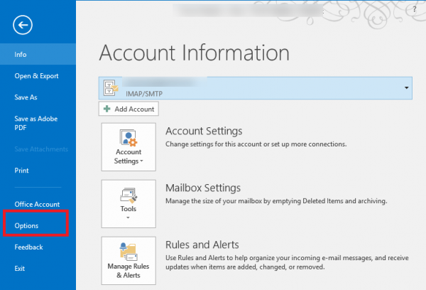 Outlook desktop File menu Account Information page with Options highlighted