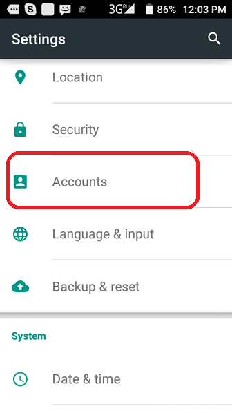 Android Settings with Accounts circled