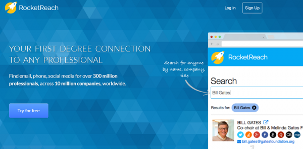 RocketReach home page with a search for a professional's email, phone and social profiles