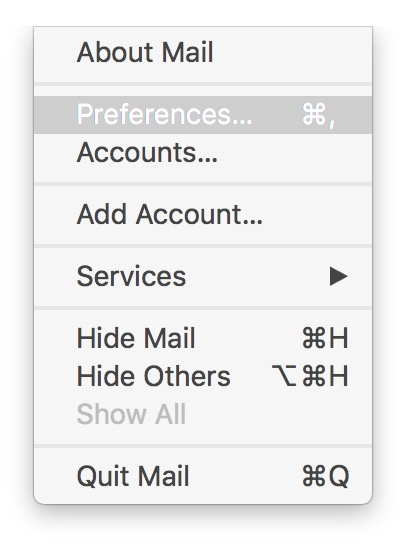 Mac Mail menu with Preferences highlighted