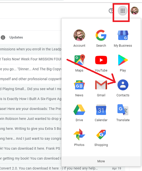 Google apps menu with an arrow pointing to Contacts