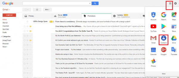 Google apps menu opened from the grid icon, with Contacts highlighted