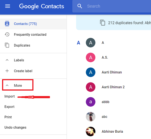 Google Contacts sidebar with More expanded and Import highlighted