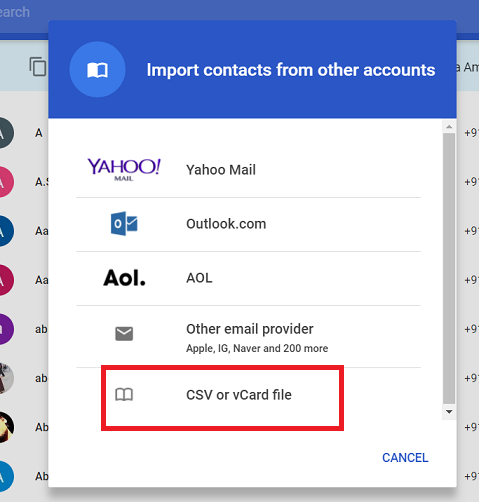 Google Contacts import dialog with CSV or vCard file highlighted