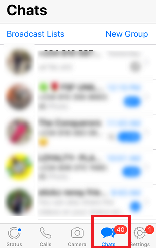 WhatsApp on iPhone with the Chats tab highlighted