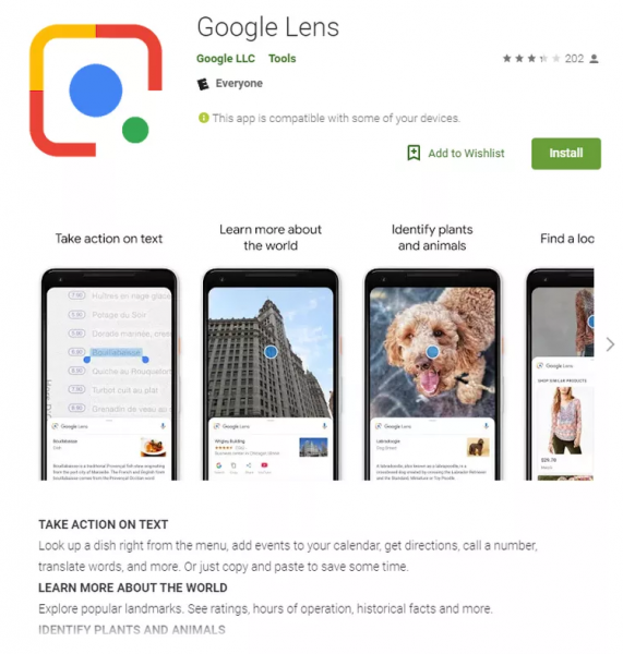 Google Lens app page in Google Play with the Install button