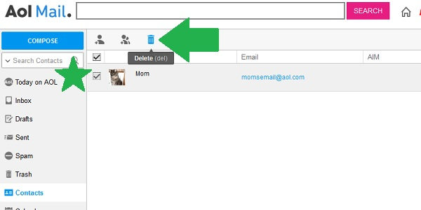 AOL Mail contacts with a contact ticked and an arrow pointing to the Delete icon