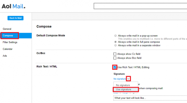 AOL Mail Compose settings with Use Rich Text / HTML Editing checked and Use signature chosen