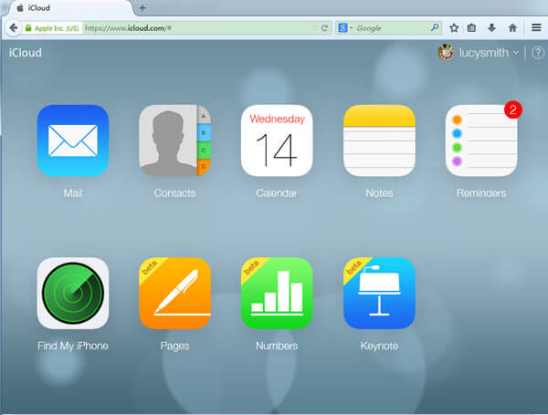 iCloud.com home screen with the Contacts app among Mail, Calendar and Notes