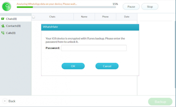 WhatsApp backup tool analysing the iPhone, asking for the iTunes backup password