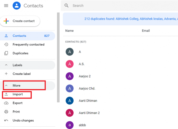 Google Contacts sidebar with More expanded and Import highlighted