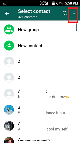 WhatsApp Select contact screen on Android with the three-dot menu highlighted