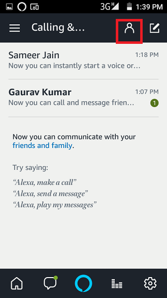 Alexa Calling & Messaging screen with the contacts icon highlighted