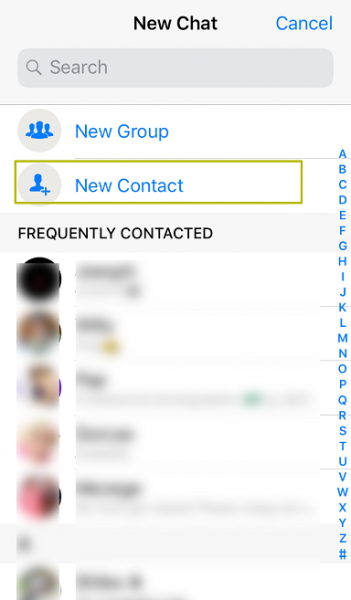 WhatsApp New Chat screen on iPhone with New Contact highlighted
