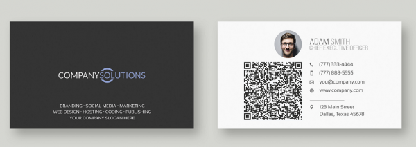 Business card front and back, with a QR code next to the contact details